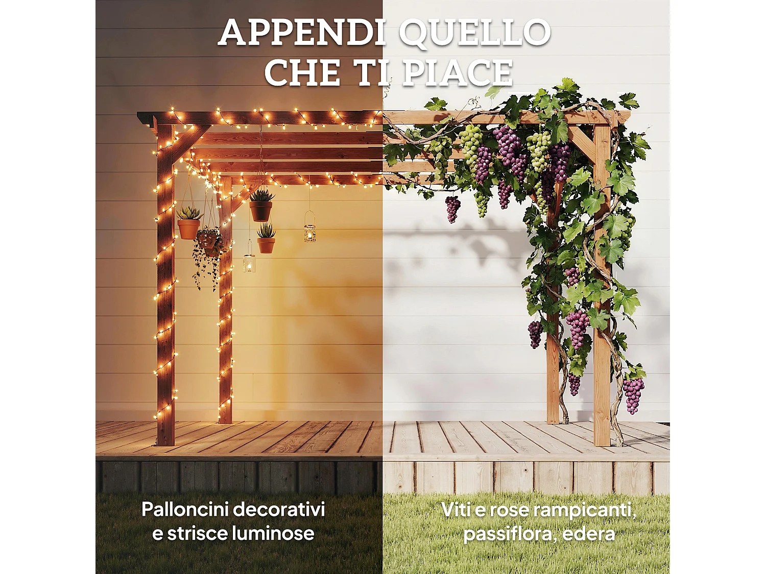 Pergola da giardino 3x3 m con 5 travi e supporti triangolari in legno