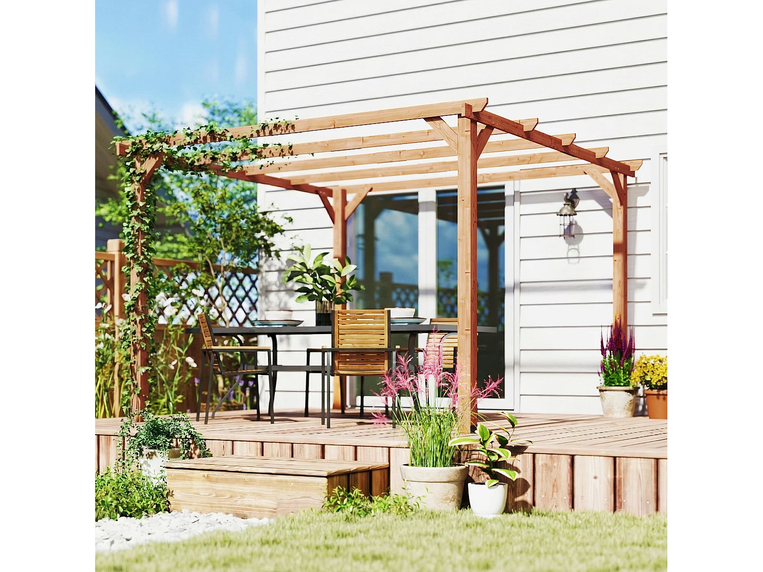 Pergola da giardino 3x3 m con 5 travi e supporti triangolari in legno