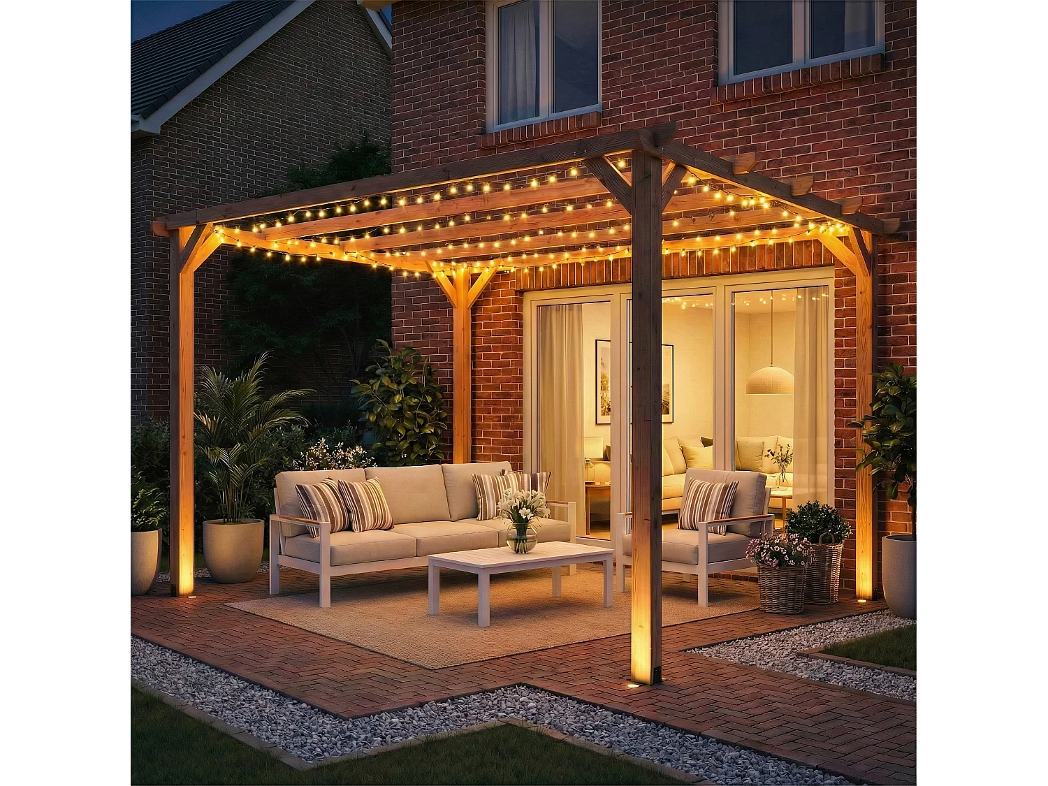 Pergola da giardino 3x3 m con 5 travi e supporti triangolari in legno