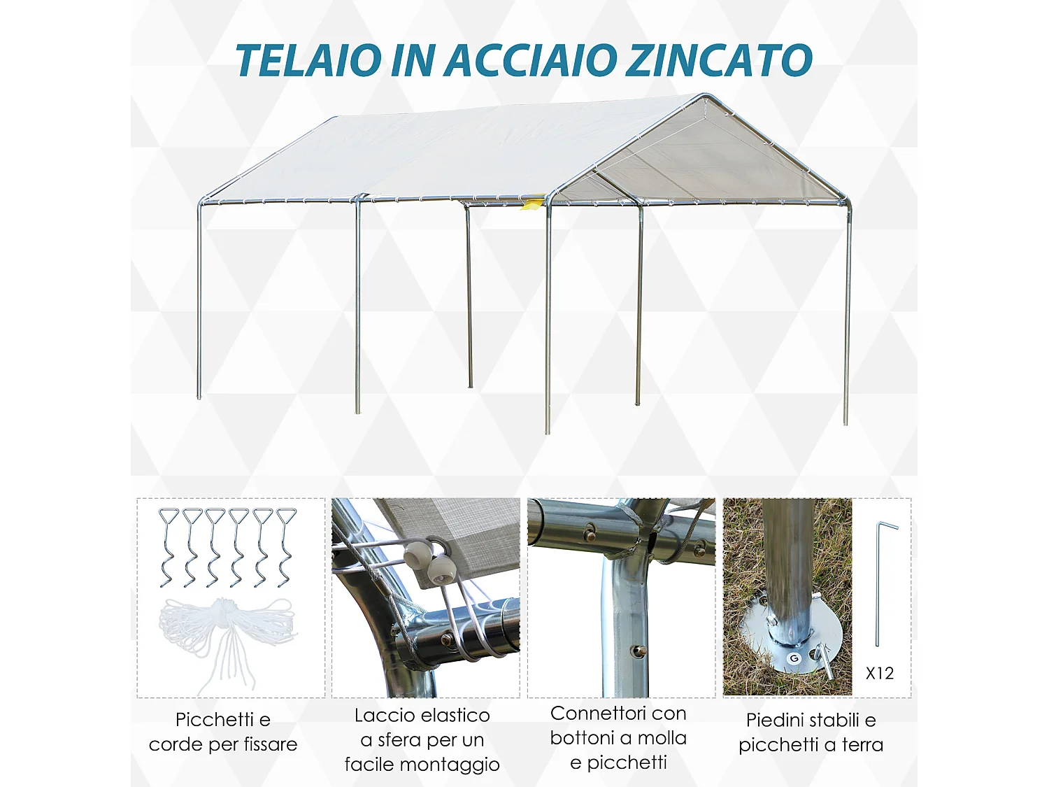 Gazebo auto 5.95x2.94m in acciaio con kit montaggio bianco