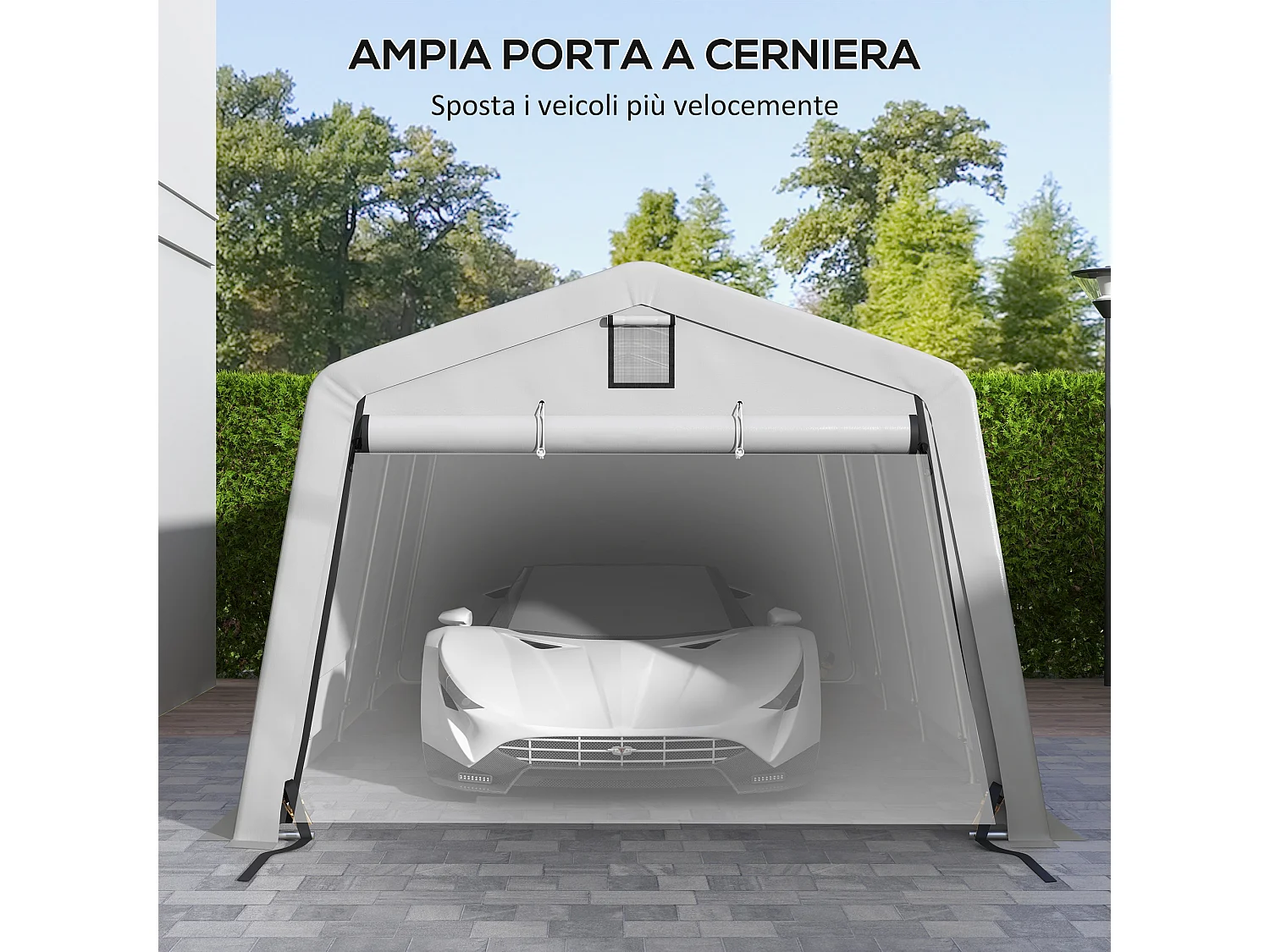Tendone per auto e feste con 2 finestre laterali in acciaio pe grigio