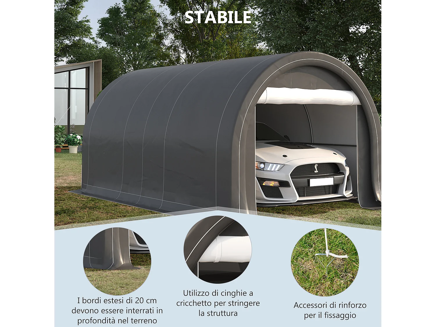 Tendone per auto e attrezzi in acciaio zincato e pe grigio