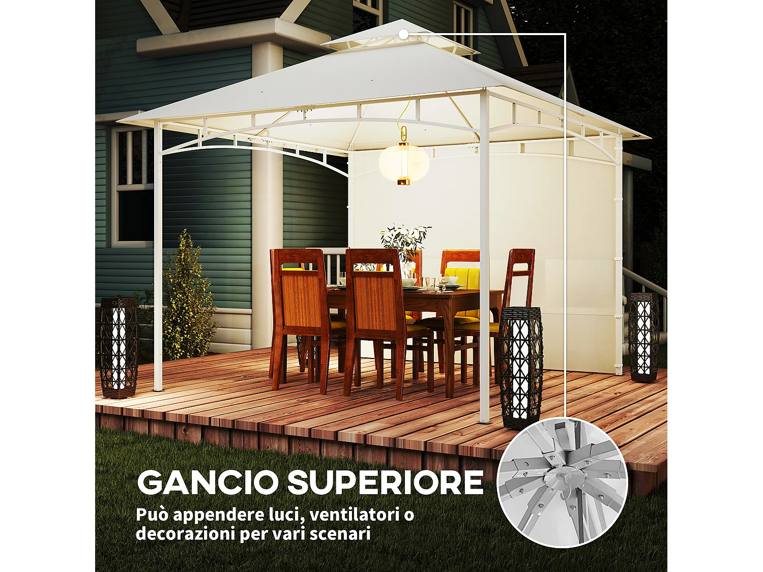Gazebo da giardino 3x3 m con tasche portaoggetti bianco crema
