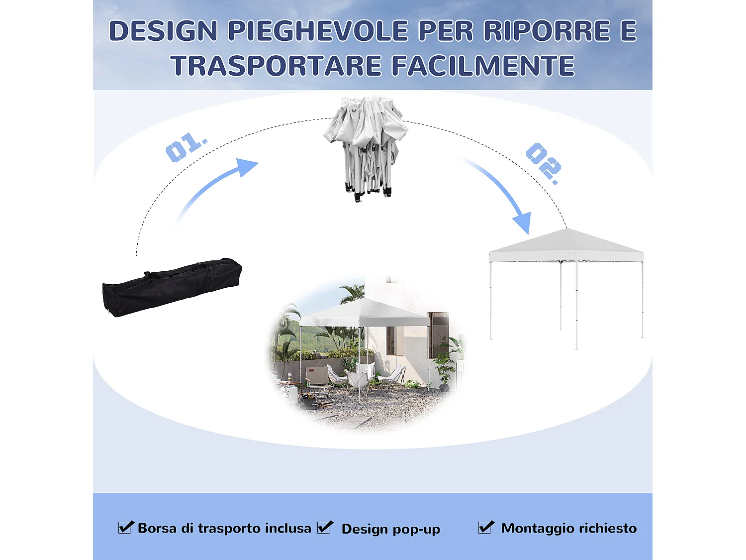 Gazebo pieghevole 2.5 x 2.5m in acciaio e tessuto oxford