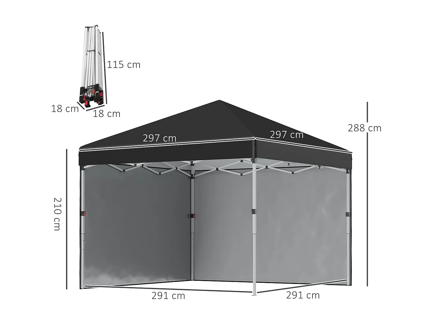Gazebo 3x3 pieghevole ad altezza regolabile con 2 pareti