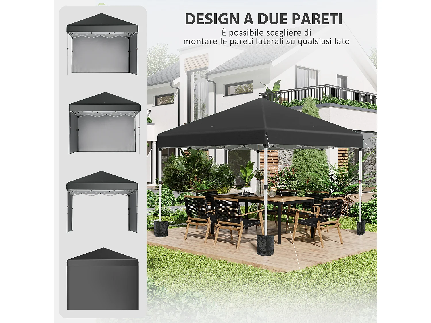Gazebo 3x3 pieghevole ad altezza regolabile con 2 pareti
