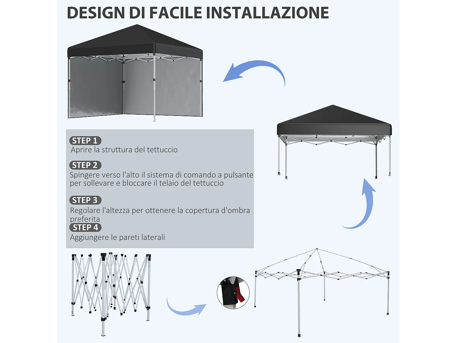 Gazebo 3x3 pieghevole ad altezza regolabile con 2 pareti