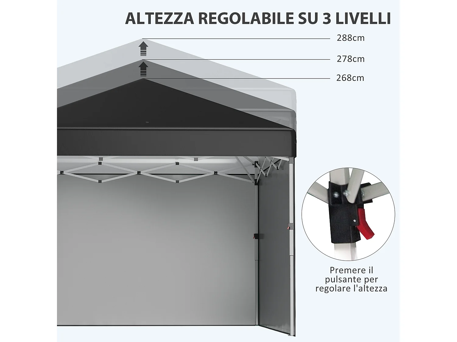 Gazebo 3x3 pieghevole ad altezza regolabile con 2 pareti