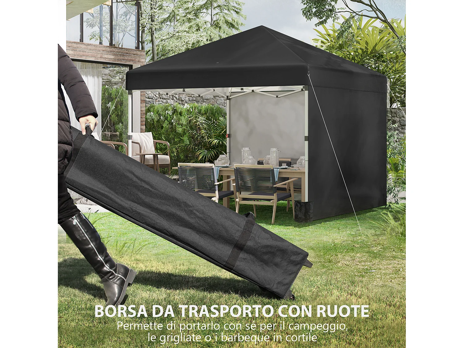 Gazebo 3x3 pieghevole ad altezza regolabile con 2 pareti