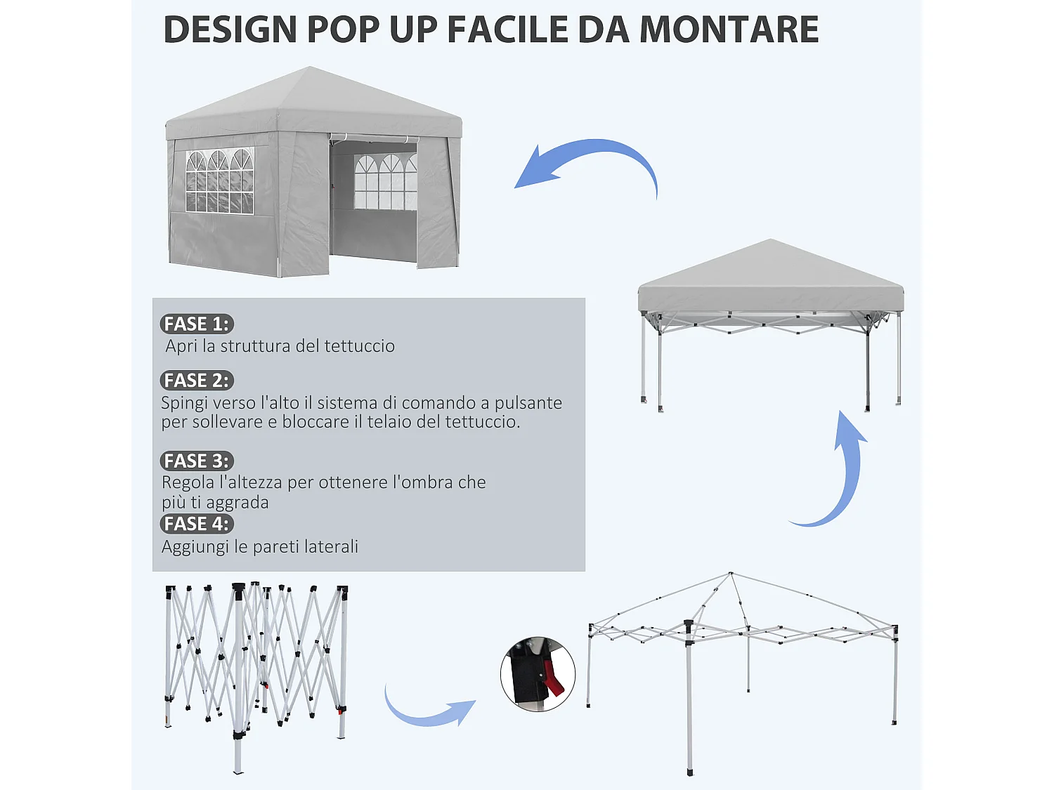 Gazebo pieghevole 3x3 m ad altezza regolabile grigio chiaro