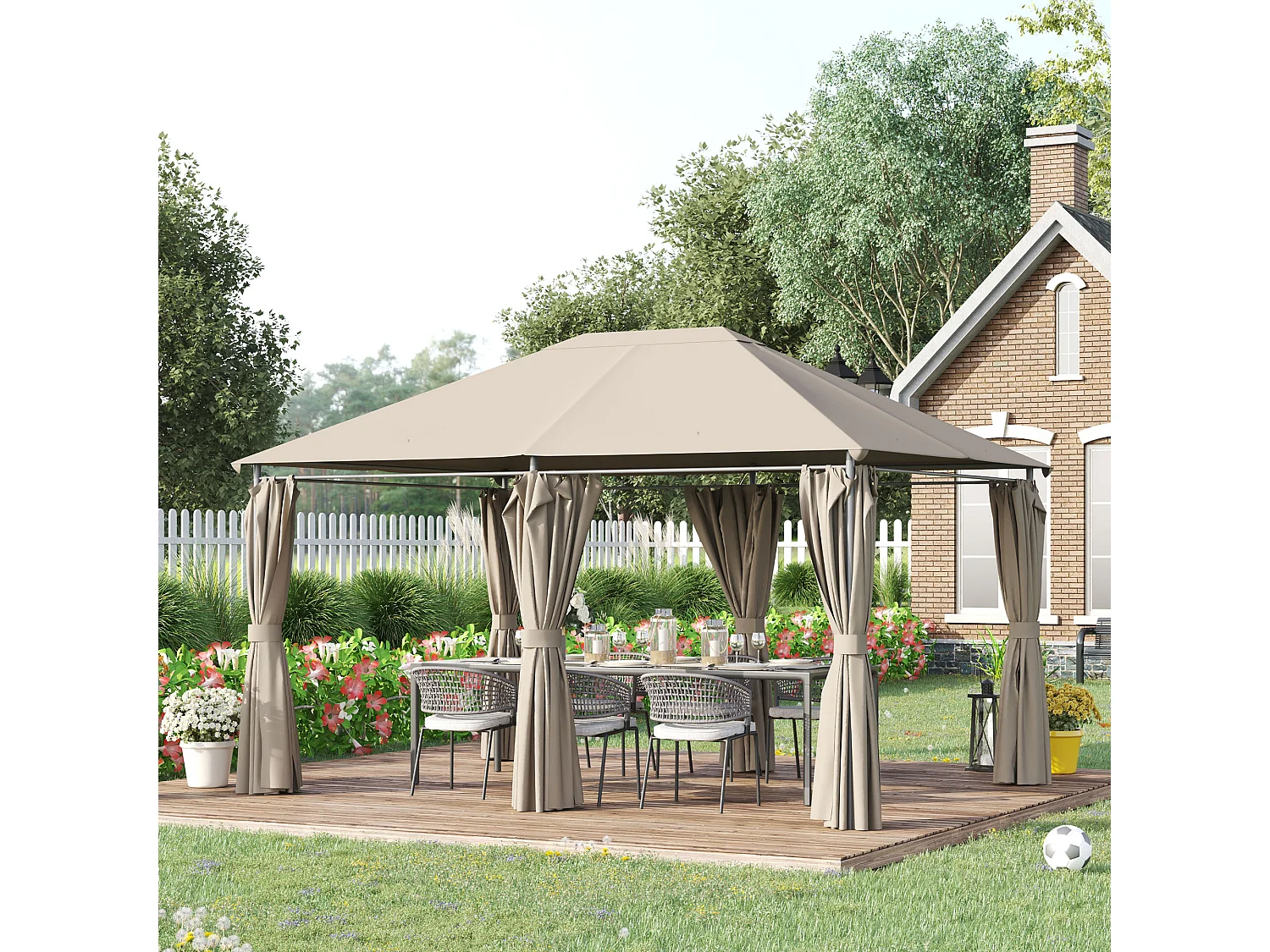 Gazebo da giardino 4x3m con 6 tende in poliestere beige