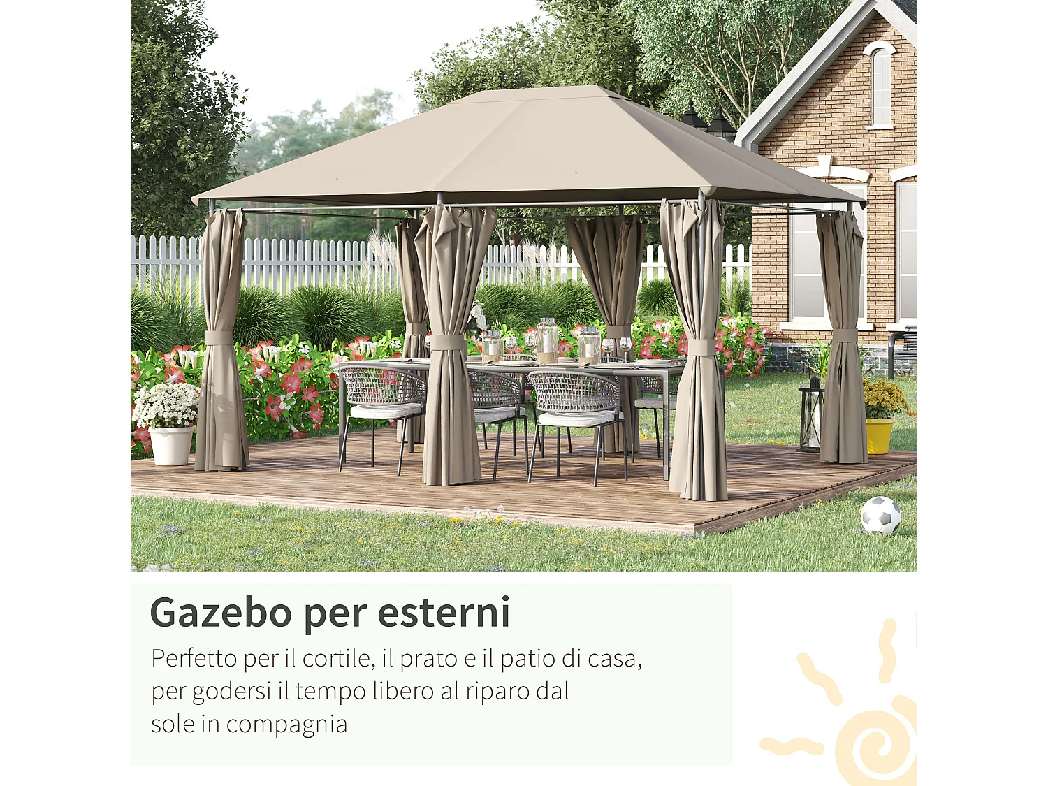 Gazebo da giardino 4x3m con 6 tende in poliestere beige