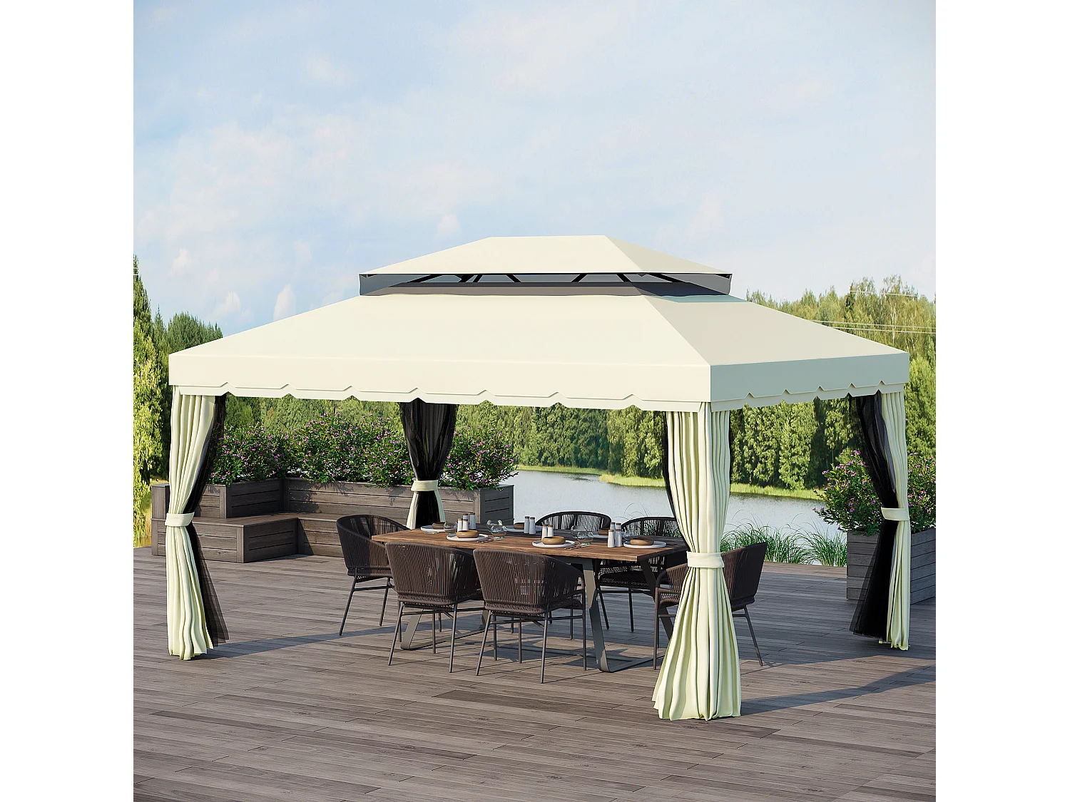 Gazebo da giardino 4x3 m con zanzariera e tende parasole crema