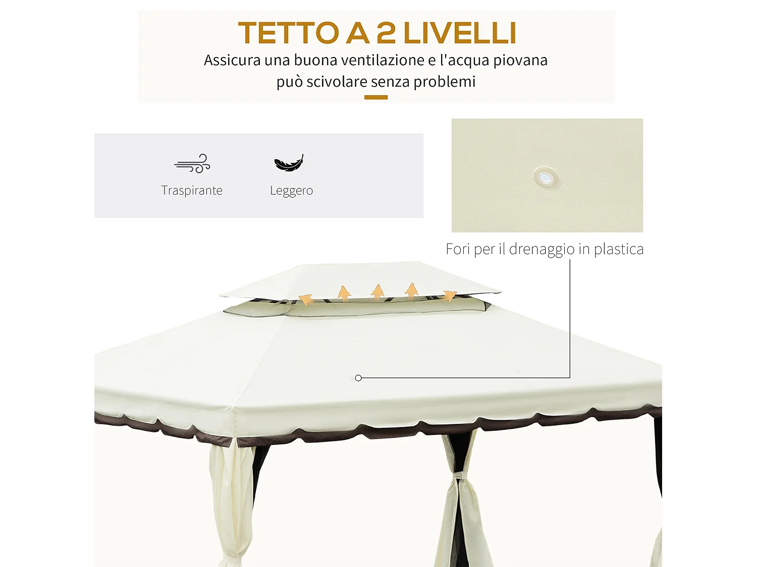 Gazebo da giardino 4x3 m con zanzariera e tende parasole crema