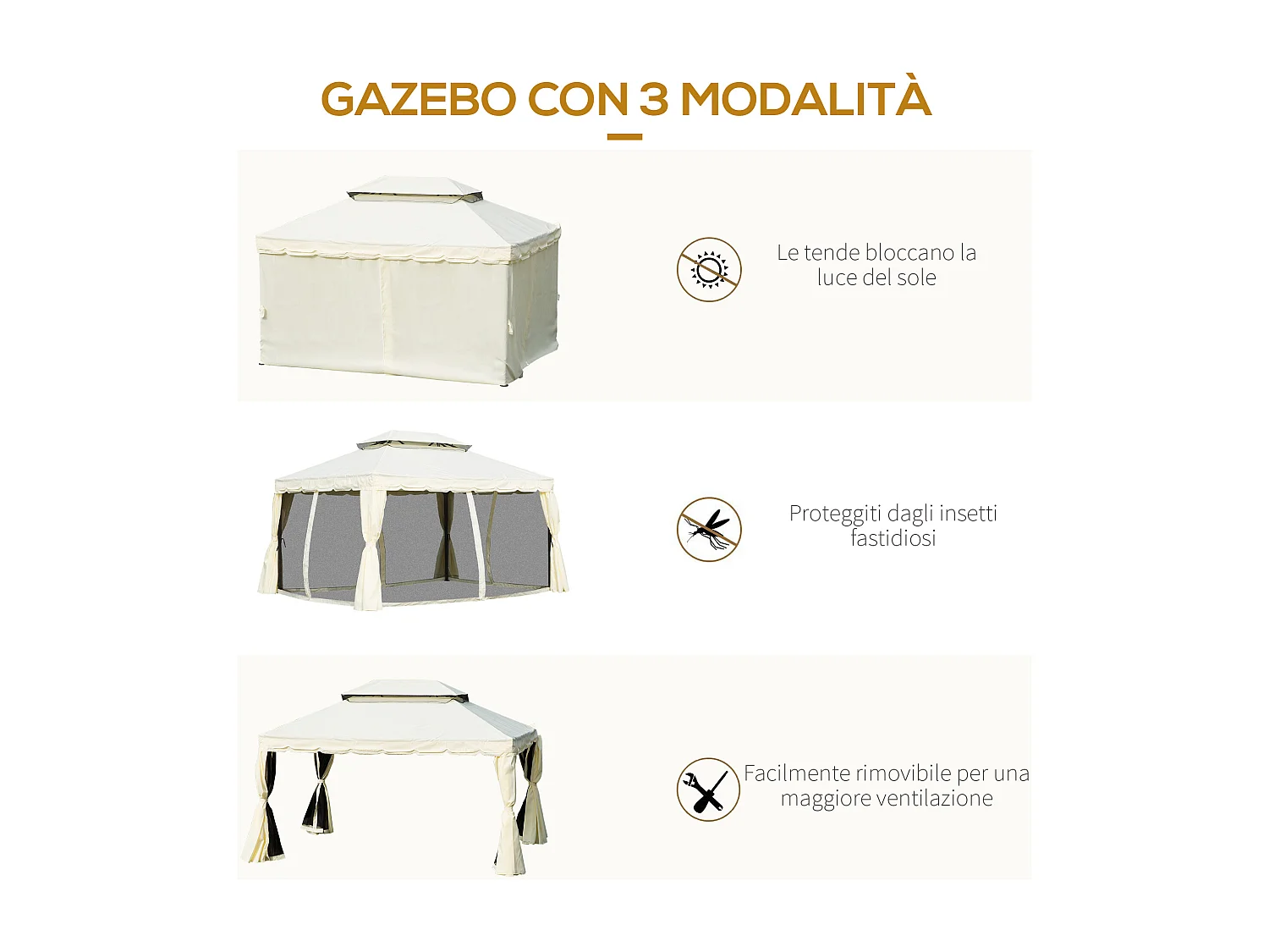 Gazebo da giardino 4x3 m con zanzariera e tende parasole crema