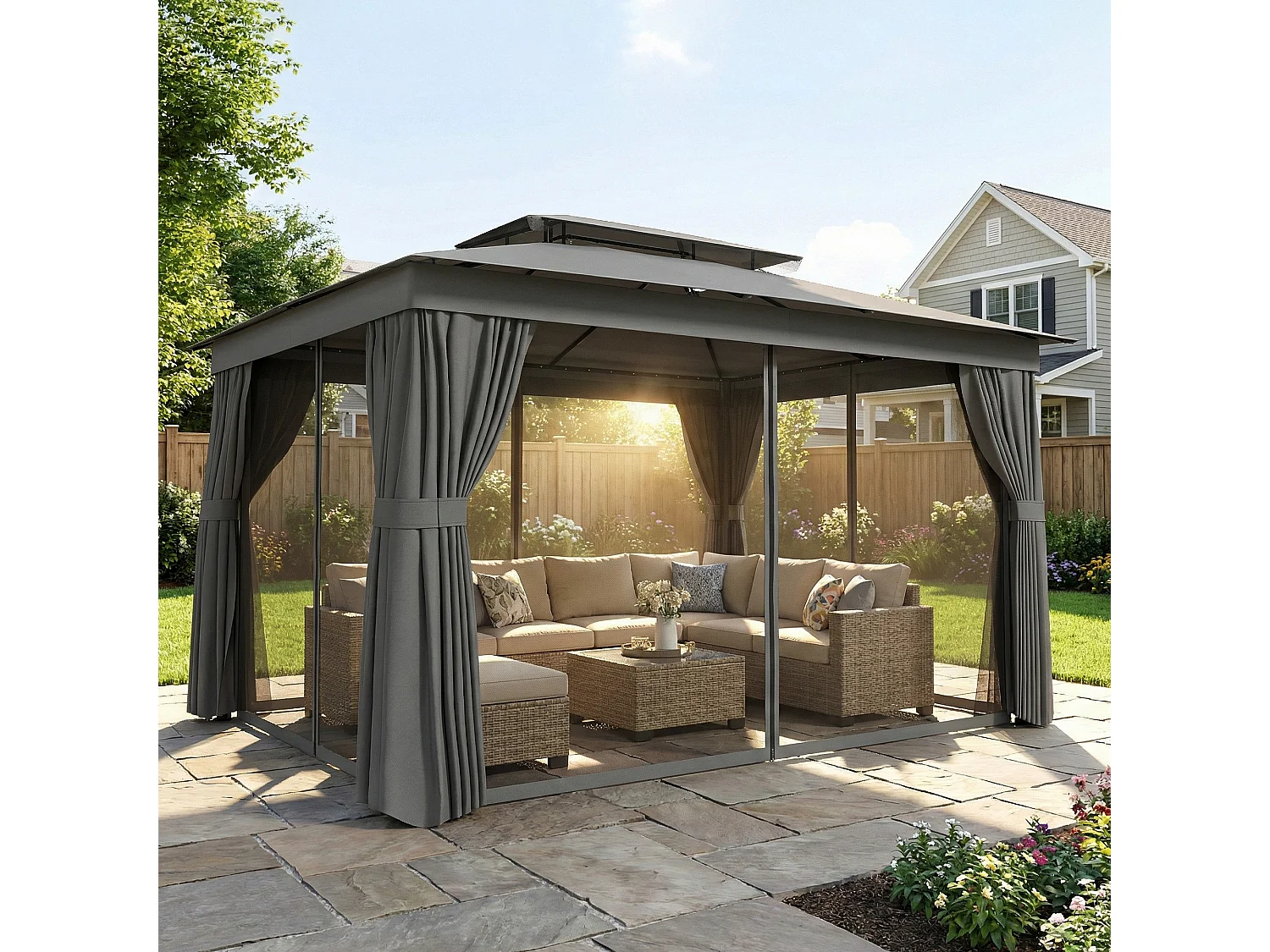 Gazebo da giardino a 2 livelli con zanzariere e tende grigio scuro