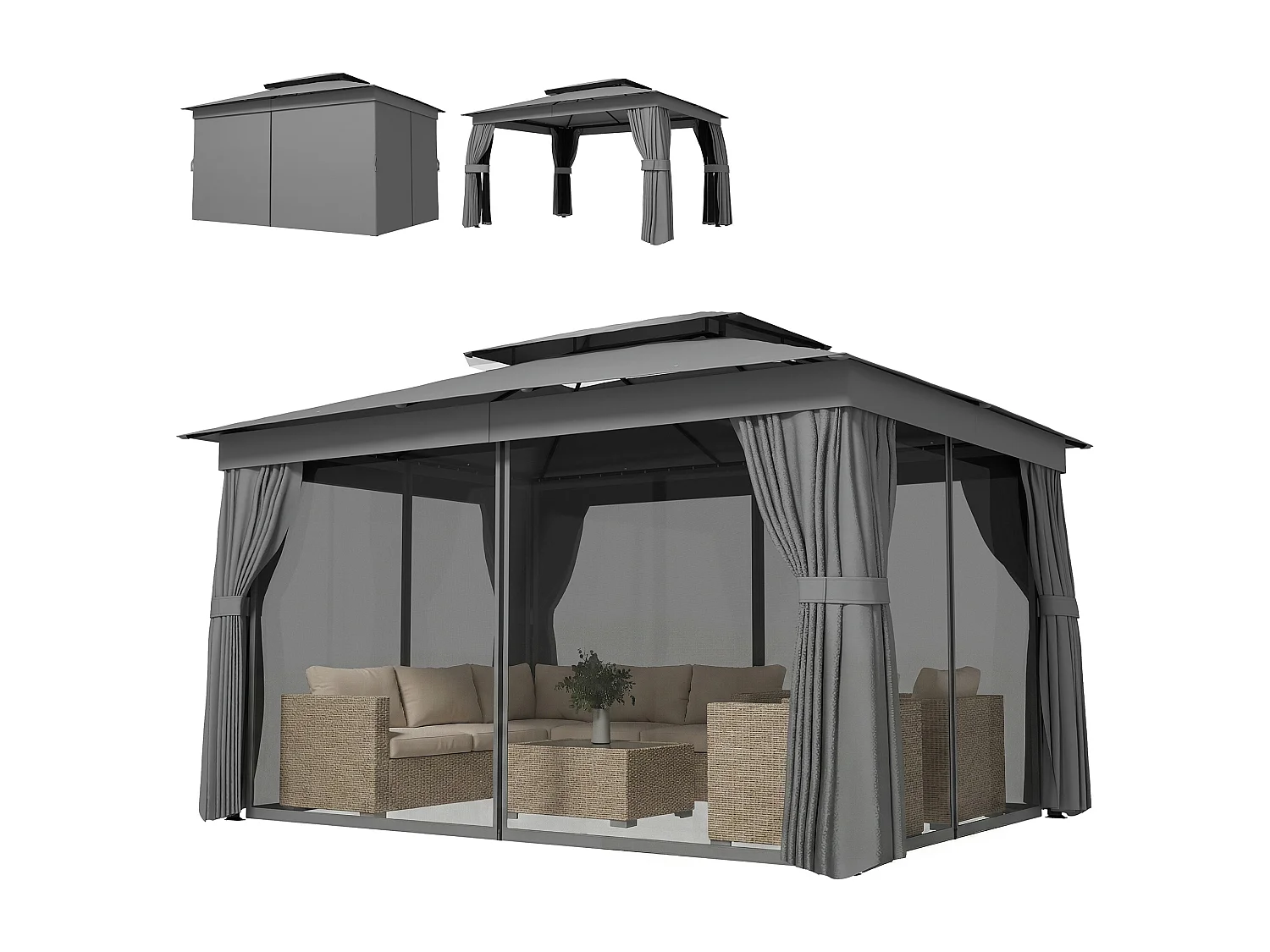 Gazebo da giardino a 2 livelli con zanzariere e tende grigio scuro