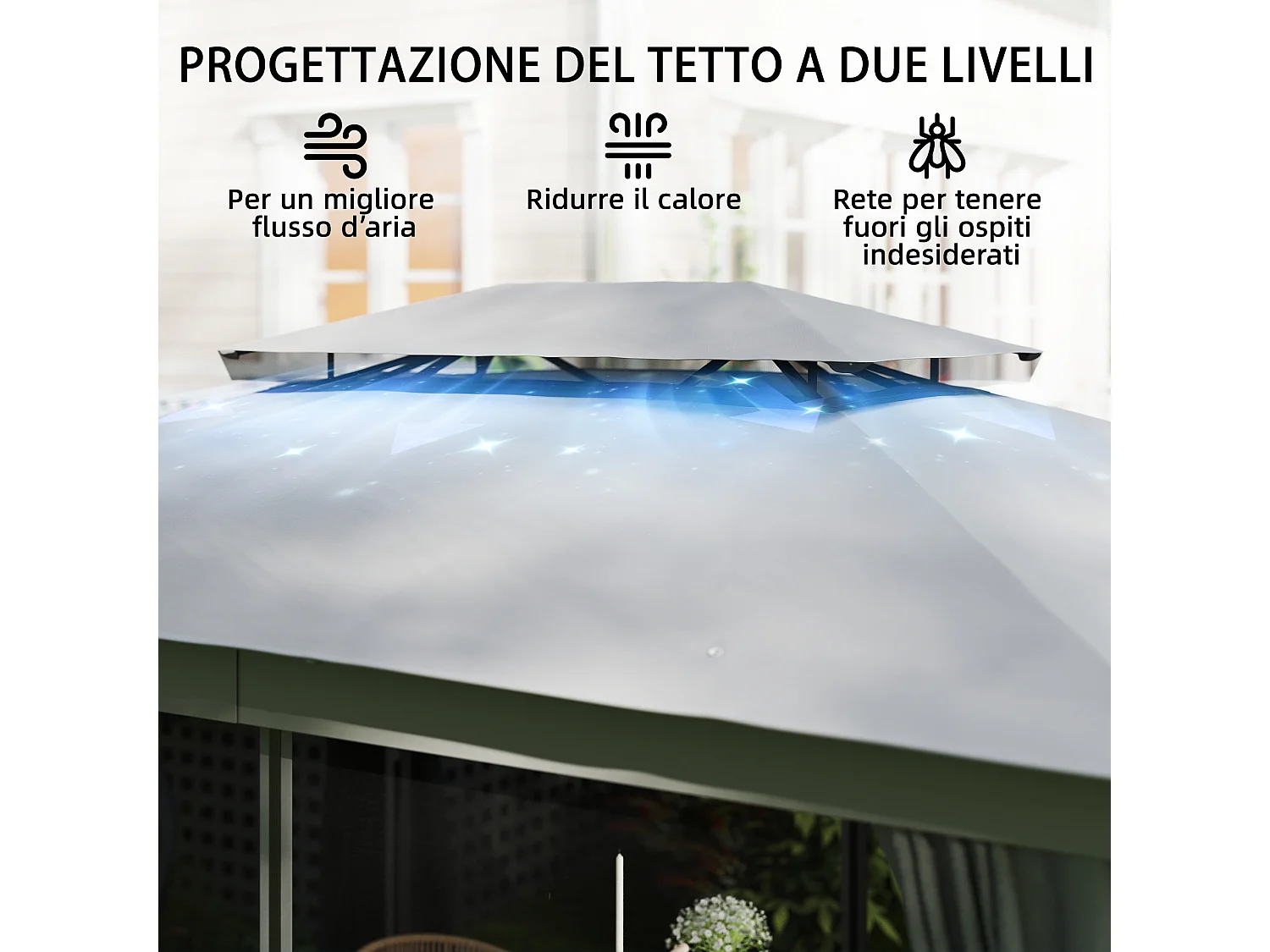 Gazebo da giardino a 2 livelli con zanzariere e tende grigio scuro