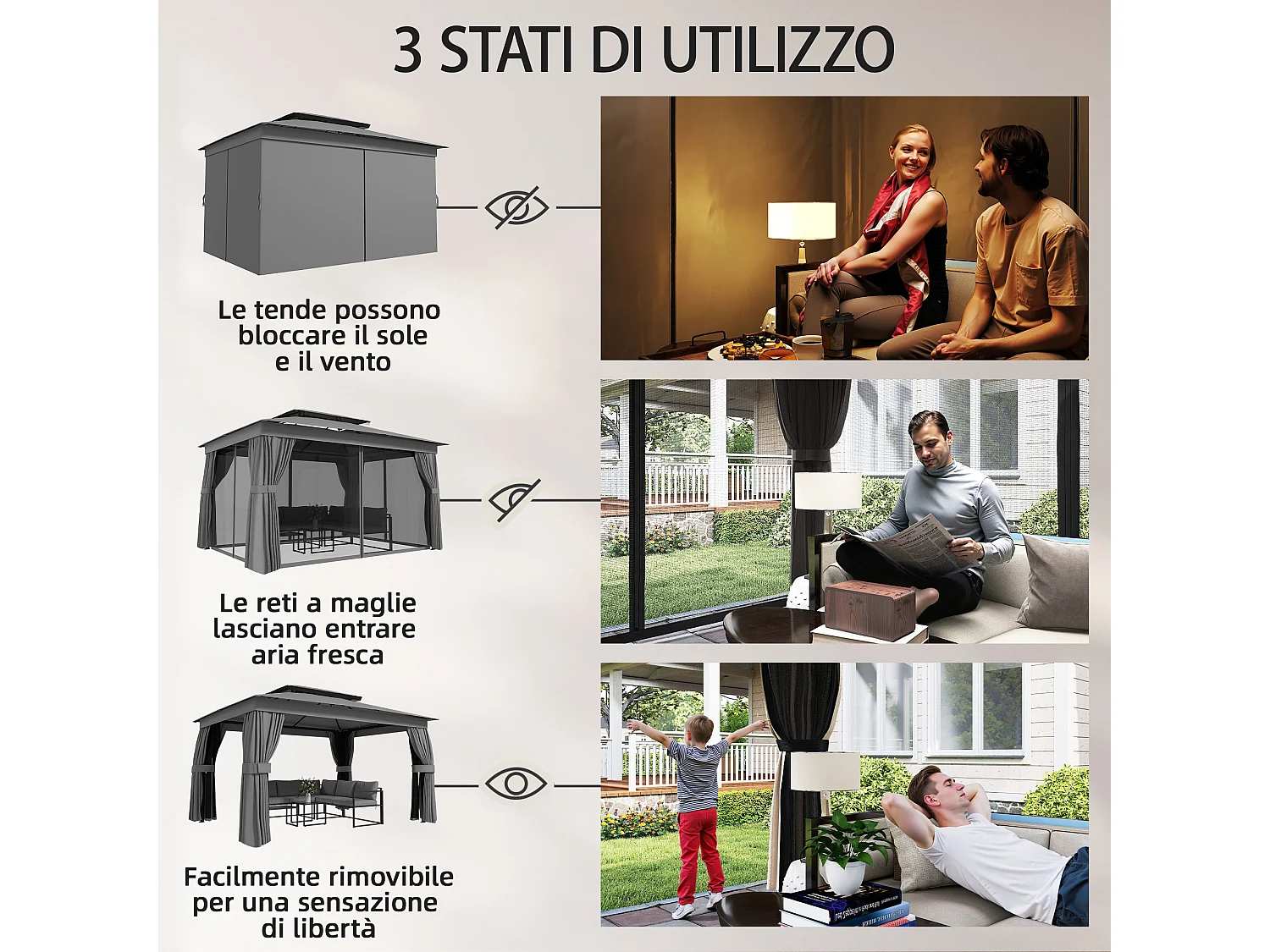 Gazebo da giardino a 2 livelli con zanzariere e tende grigio scuro