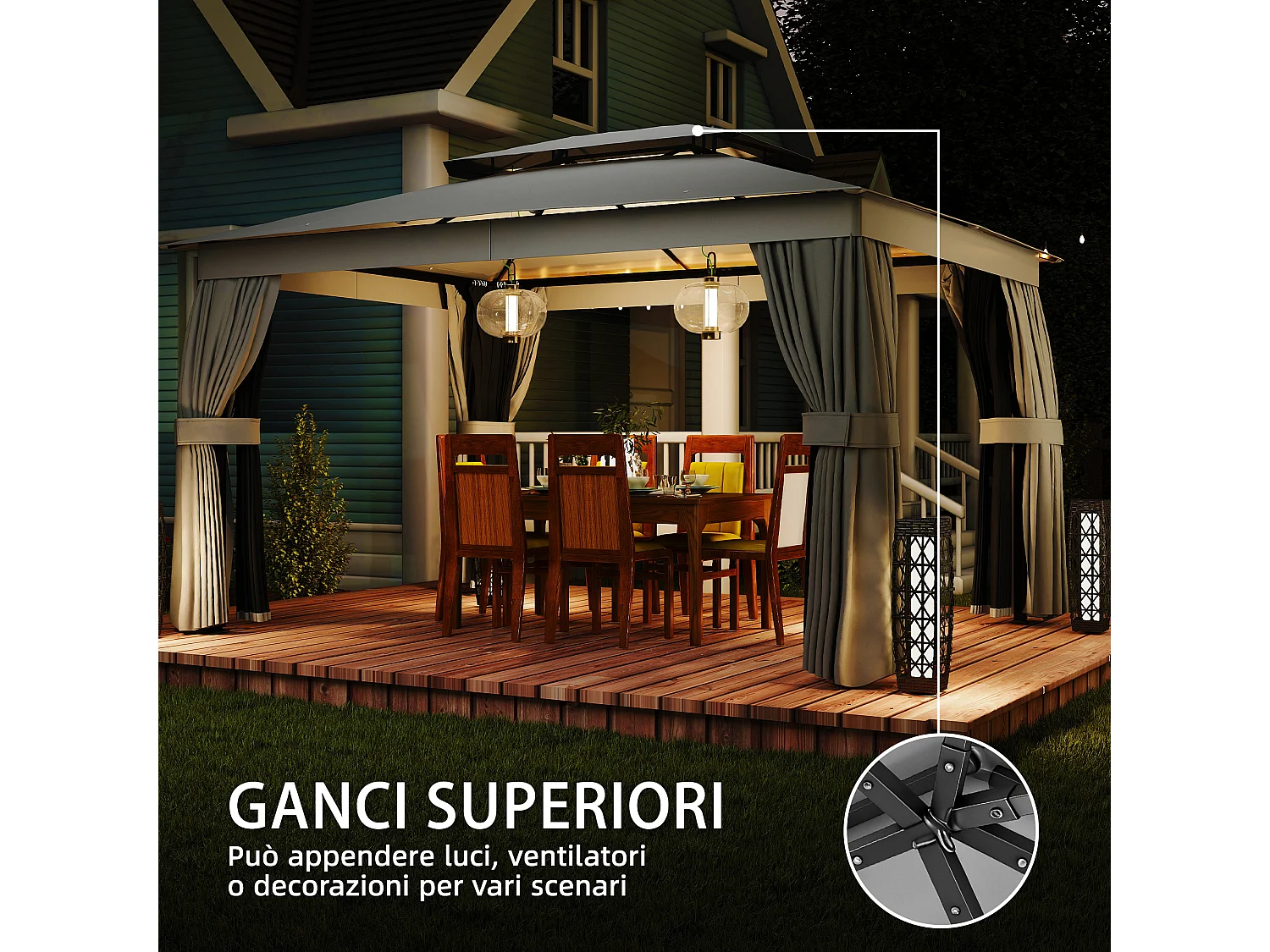 Gazebo da giardino a 2 livelli con zanzariere e tende grigio scuro