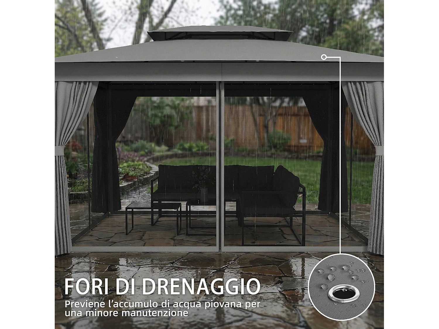 Gazebo da giardino a 2 livelli con zanzariere e tende grigio scuro