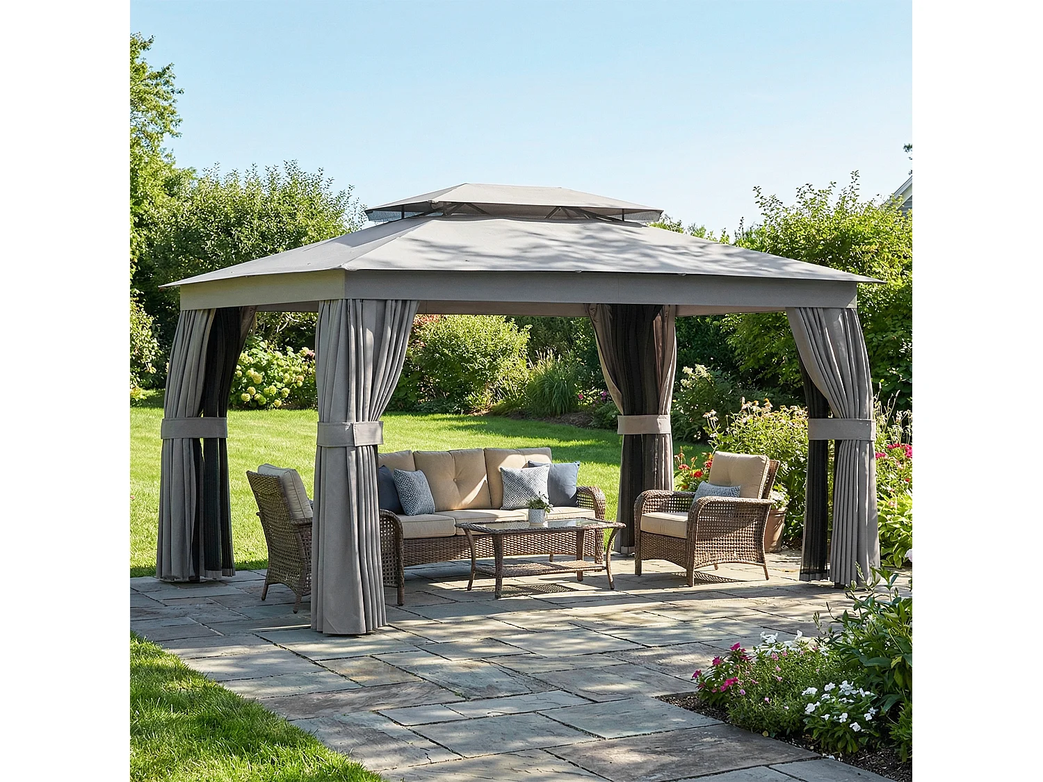 Gazebo da giardino a 2 livelli con zanzariere e tende grigio scuro