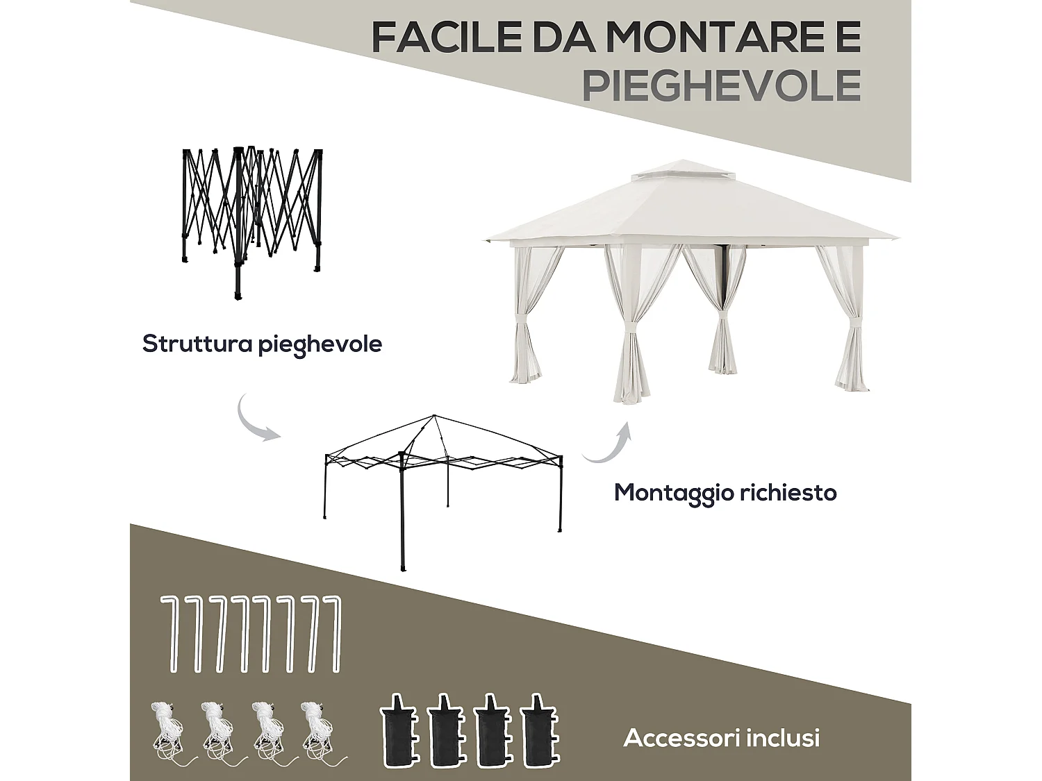 Gazebo pieghevole 4x4 con fori di drenaggio e zanzariere bianco crema