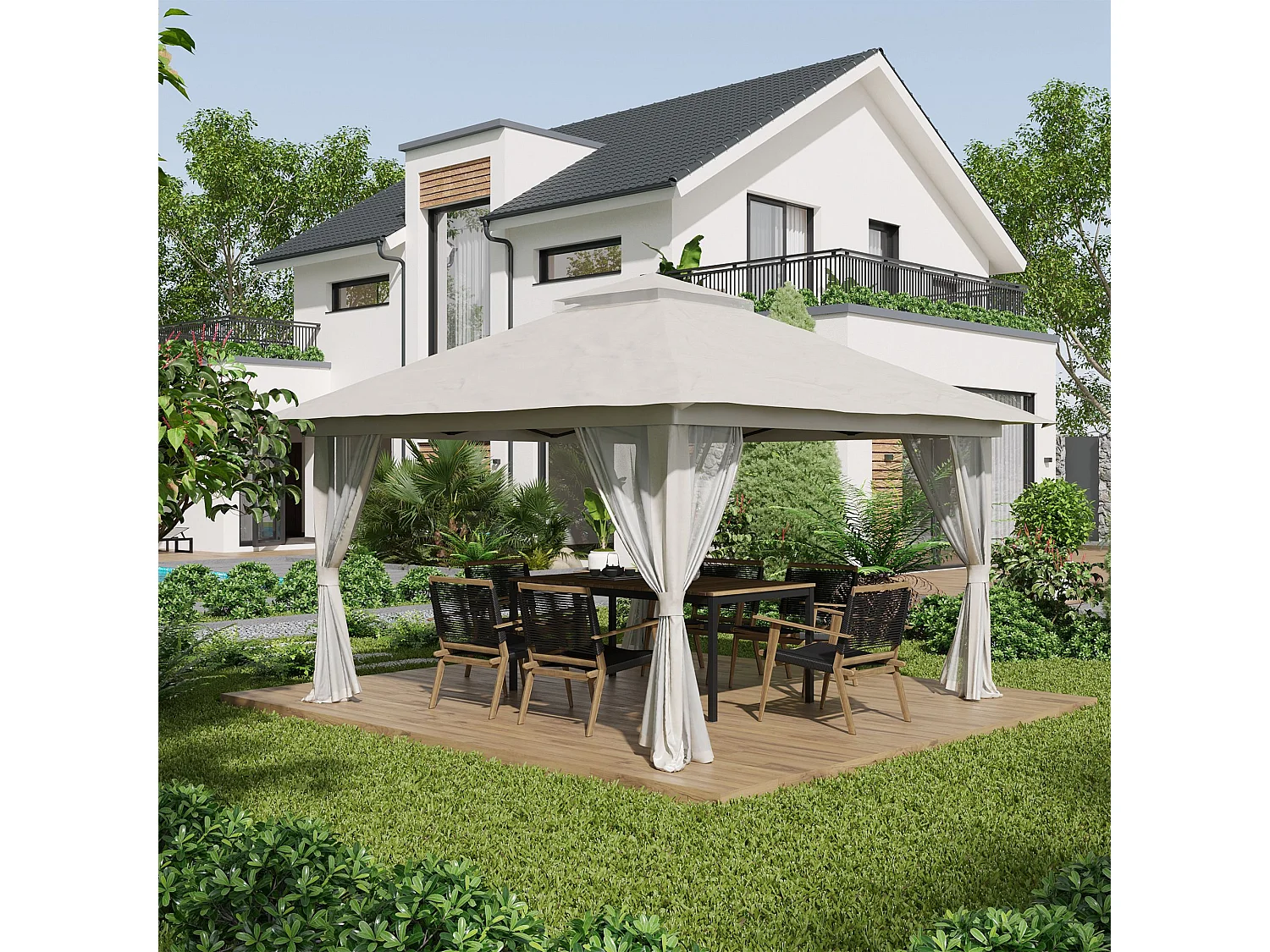 Gazebo pieghevole 4x4 con fori di drenaggio e zanzariere bianco crema
