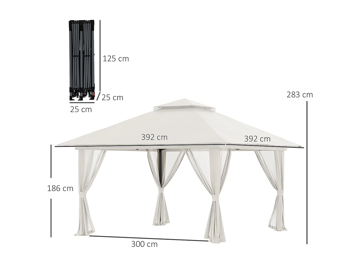 Gazebo pieghevole 4x4 con fori di drenaggio e zanzariere bianco crema