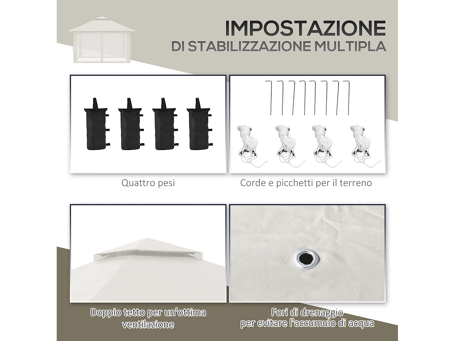 Gazebo pieghevole 4x4 con fori di drenaggio e zanzariere bianco crema