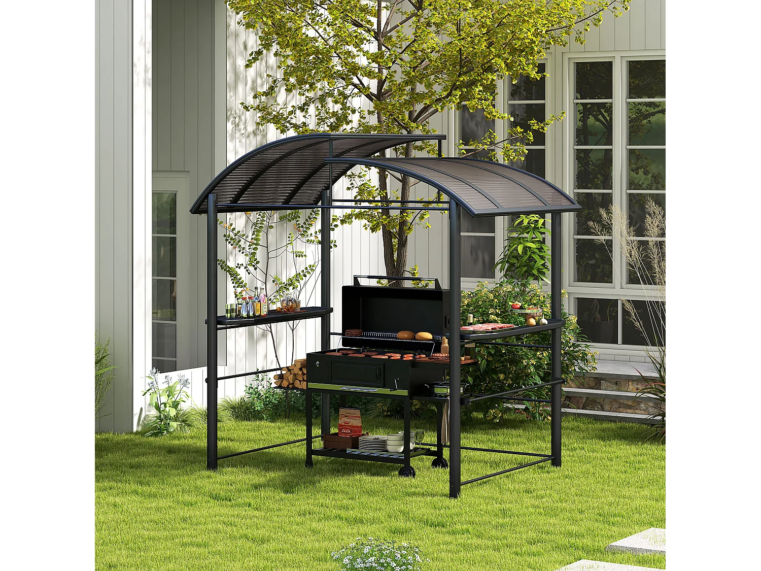 Gazebo per barbecue con ripiani portaoggetti in acciaio grigio