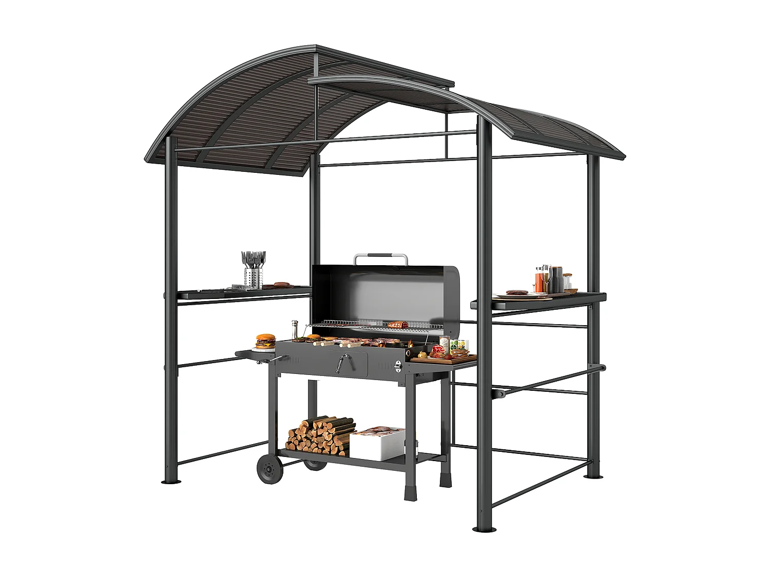 Gazebo per barbecue con ripiani portaoggetti in acciaio grigio