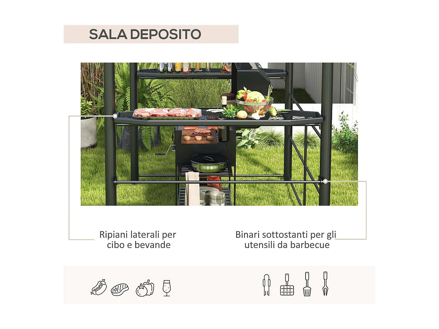 Gazebo per barbecue con ripiani portaoggetti in acciaio grigio