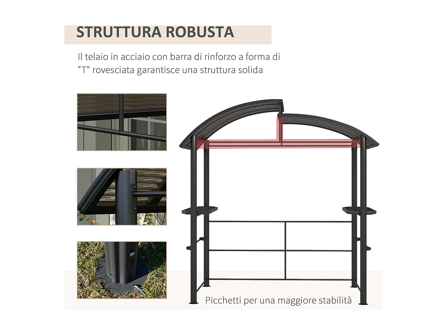 Gazebo per barbecue con ripiani portaoggetti in acciaio grigio