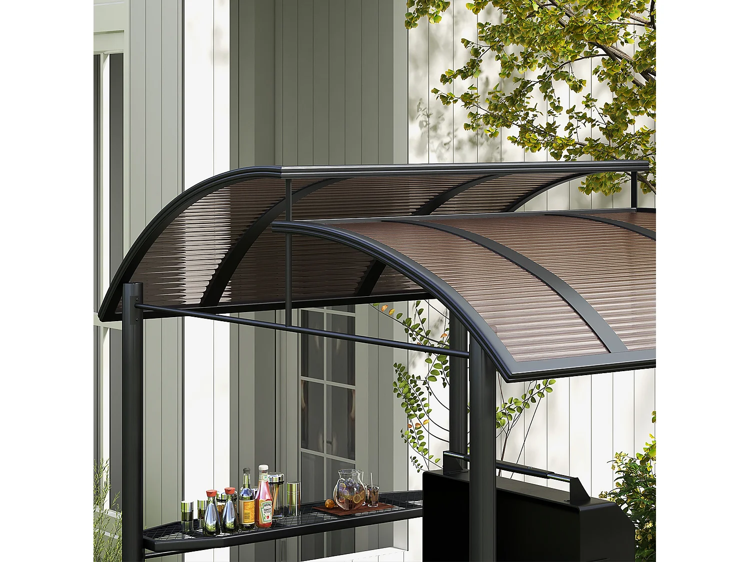 Gazebo per barbecue con ripiani portaoggetti in acciaio grigio