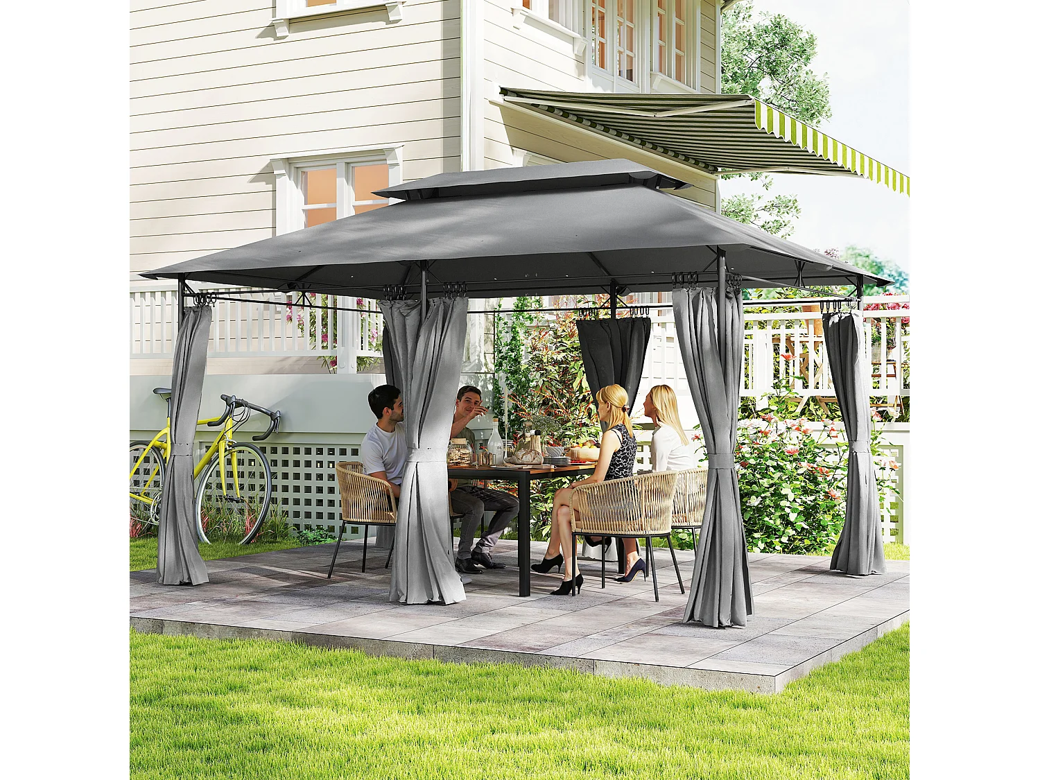 Gazebo da giardino 3x4 m con tende rimovibili e doppio tetto grigio