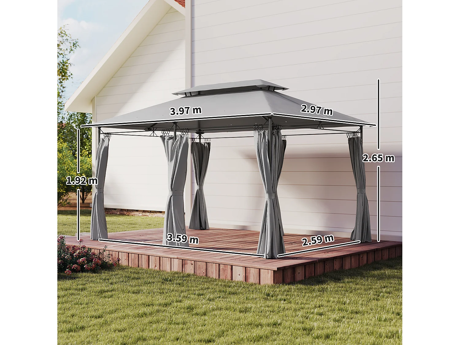 Gazebo da giardino 3x4 m con tende rimovibili e doppio tetto grigio