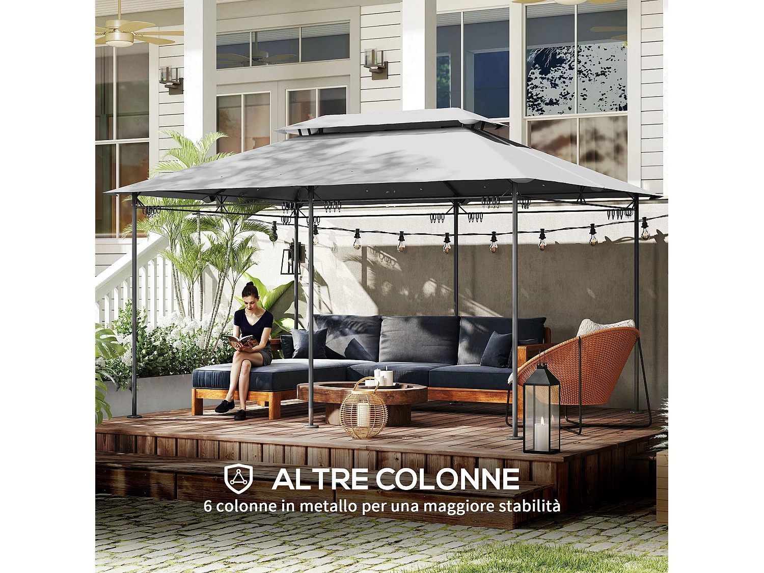Gazebo da giardino 3x4 m con tende rimovibili e doppio tetto grigio