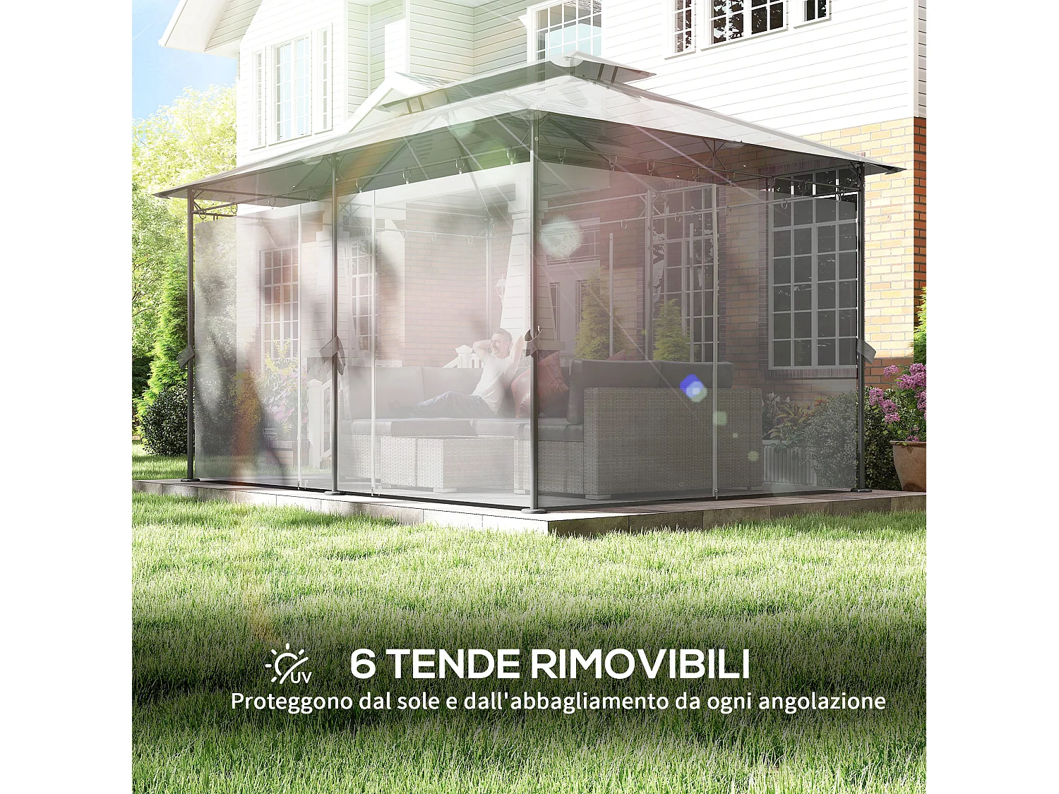 Gazebo da giardino 3x4 m con tende rimovibili e doppio tetto grigio