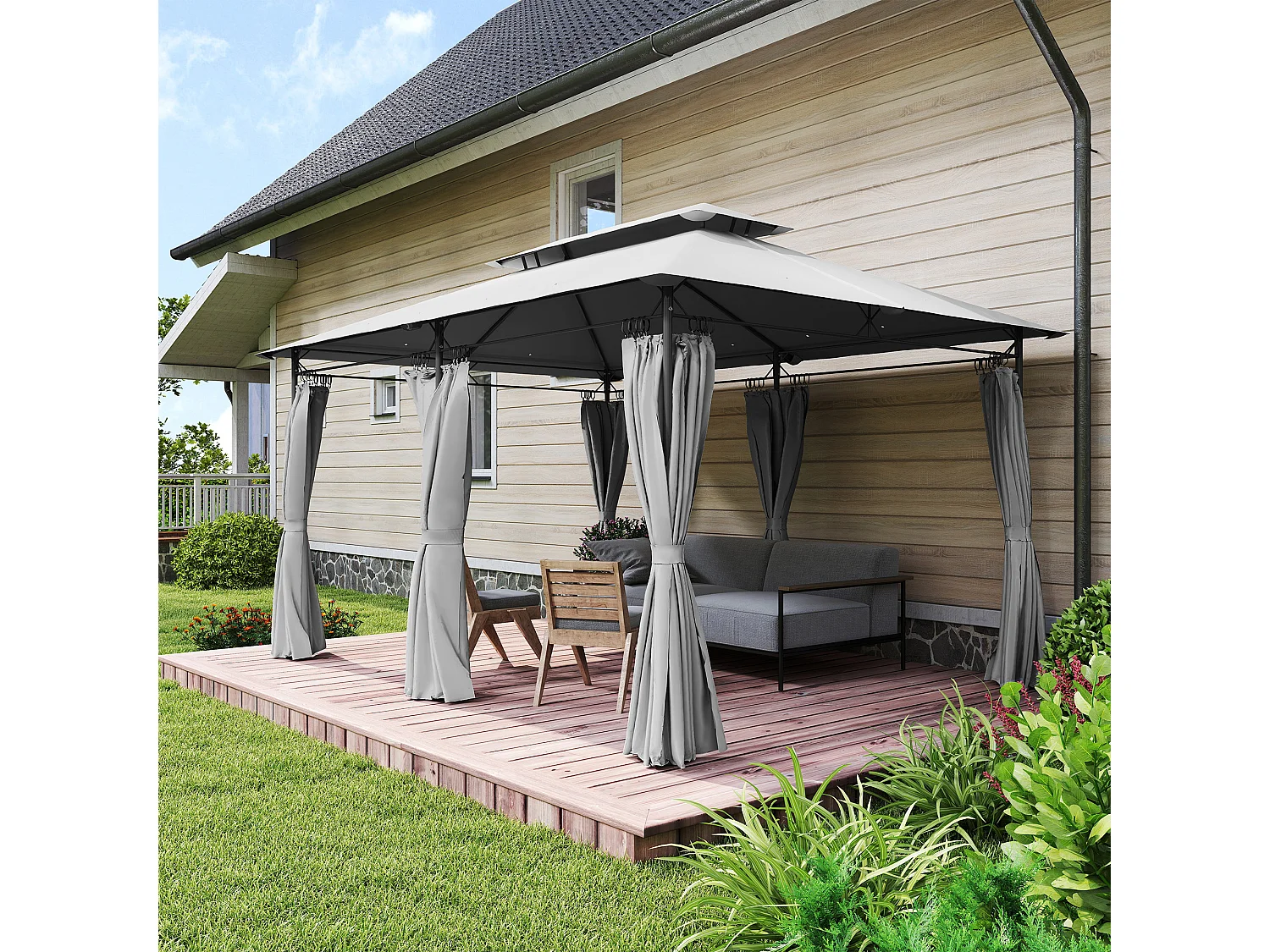 Gazebo da giardino 3x4 m con tende rimovibili e doppio tetto grigio