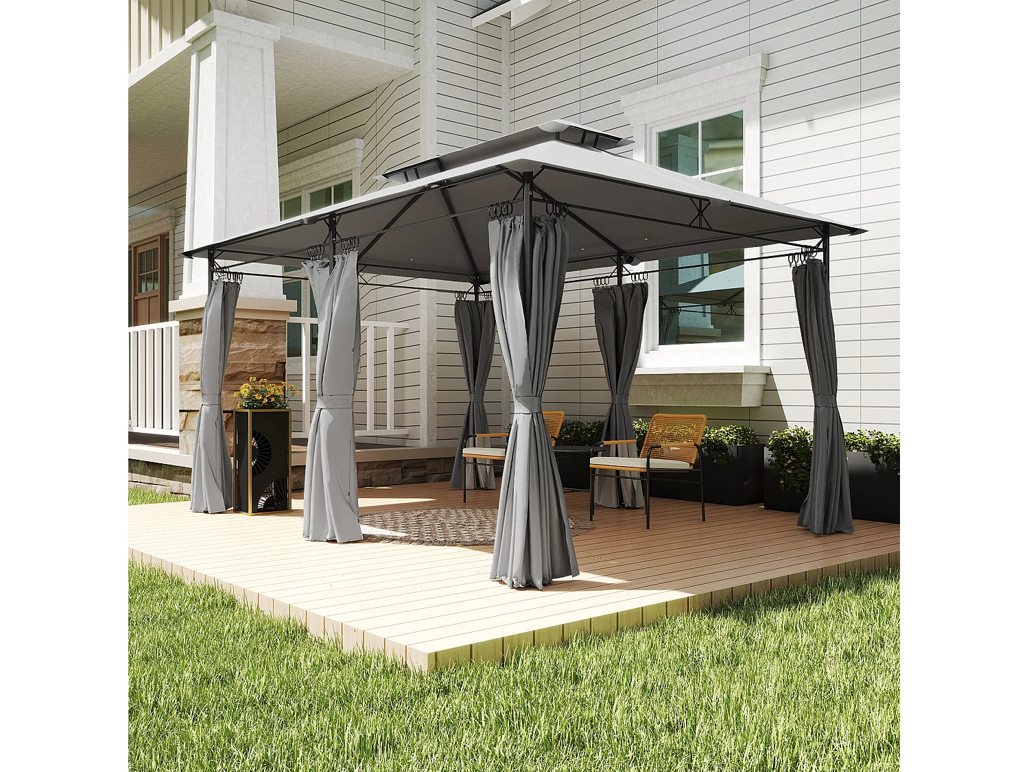 Gazebo da giardino 3x4 m con tende rimovibili e doppio tetto grigio