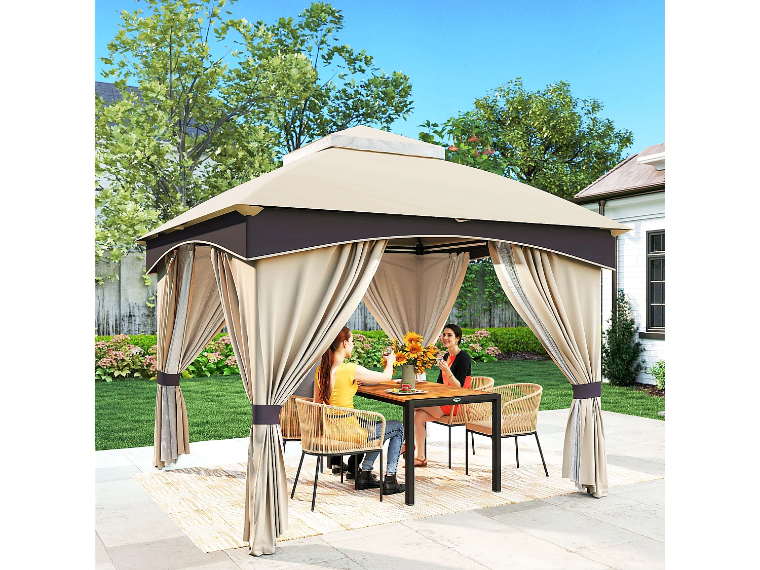 Gazebo 3x3m in acciaio a doppio tettuccio con tende e reti