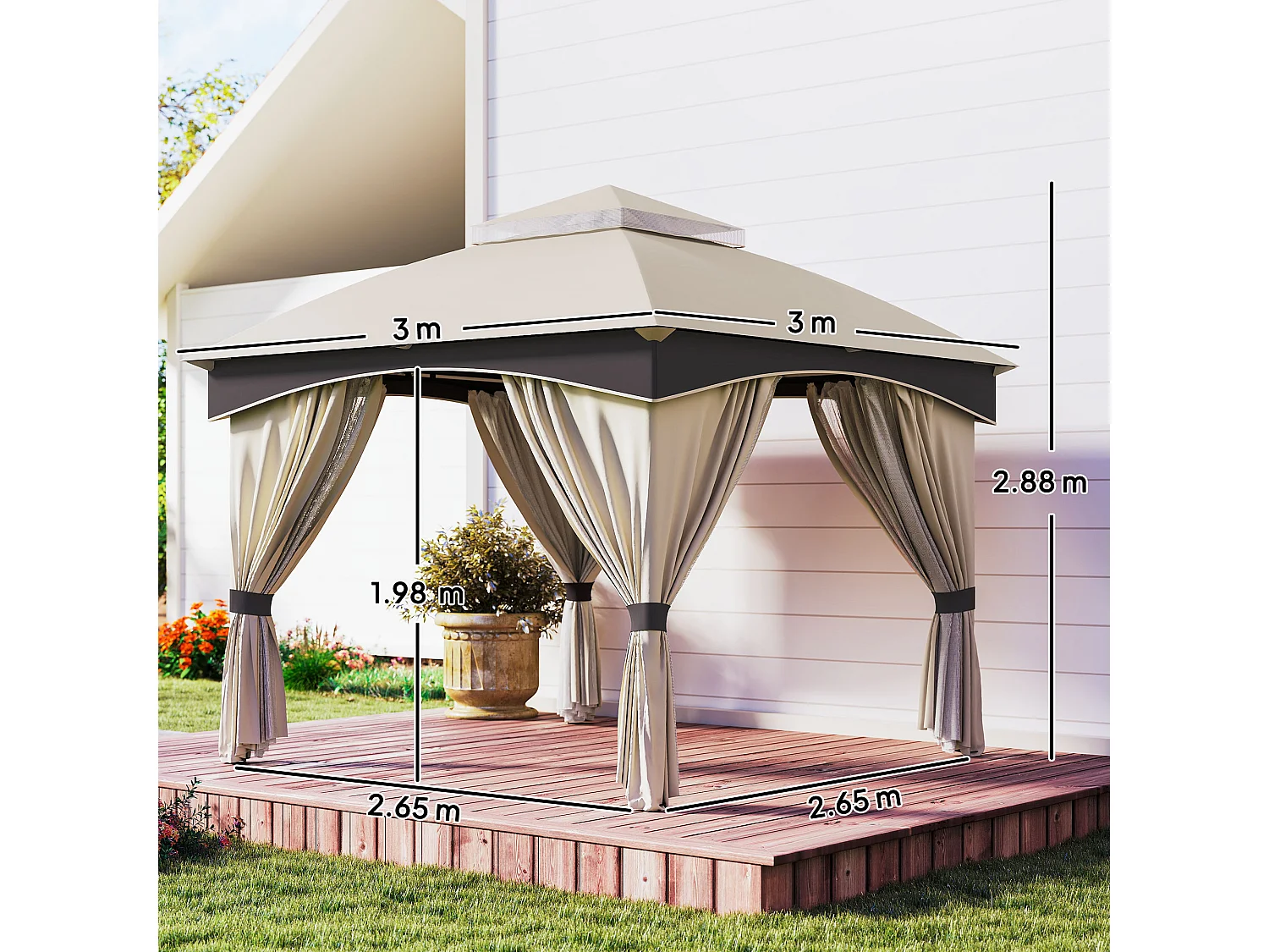 Gazebo 3x3m in acciaio a doppio tettuccio con tende e reti