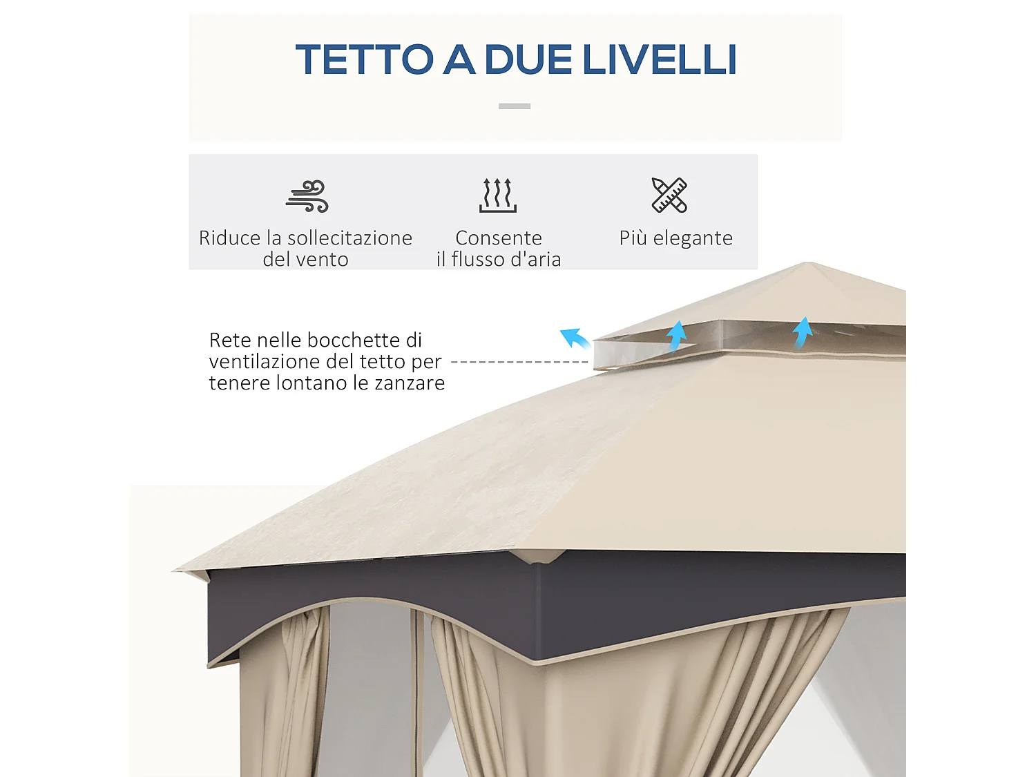 Gazebo 3x3m in acciaio a doppio tettuccio con tende e reti