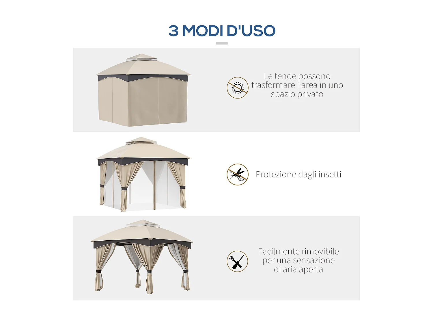 Gazebo 3x3m in acciaio a doppio tettuccio con tende e reti