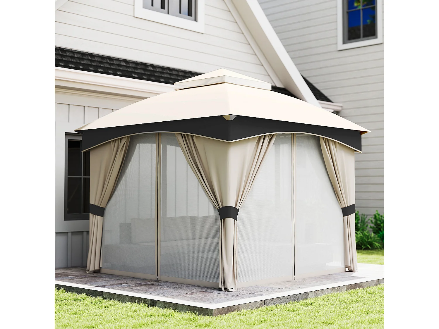 Gazebo 3x3m in acciaio a doppio tettuccio con tende e reti