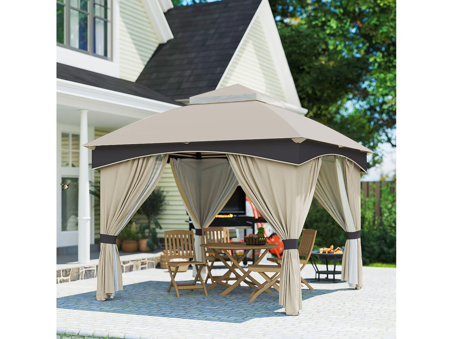 Gazebo 3x3m in acciaio a doppio tettuccio con tende e reti