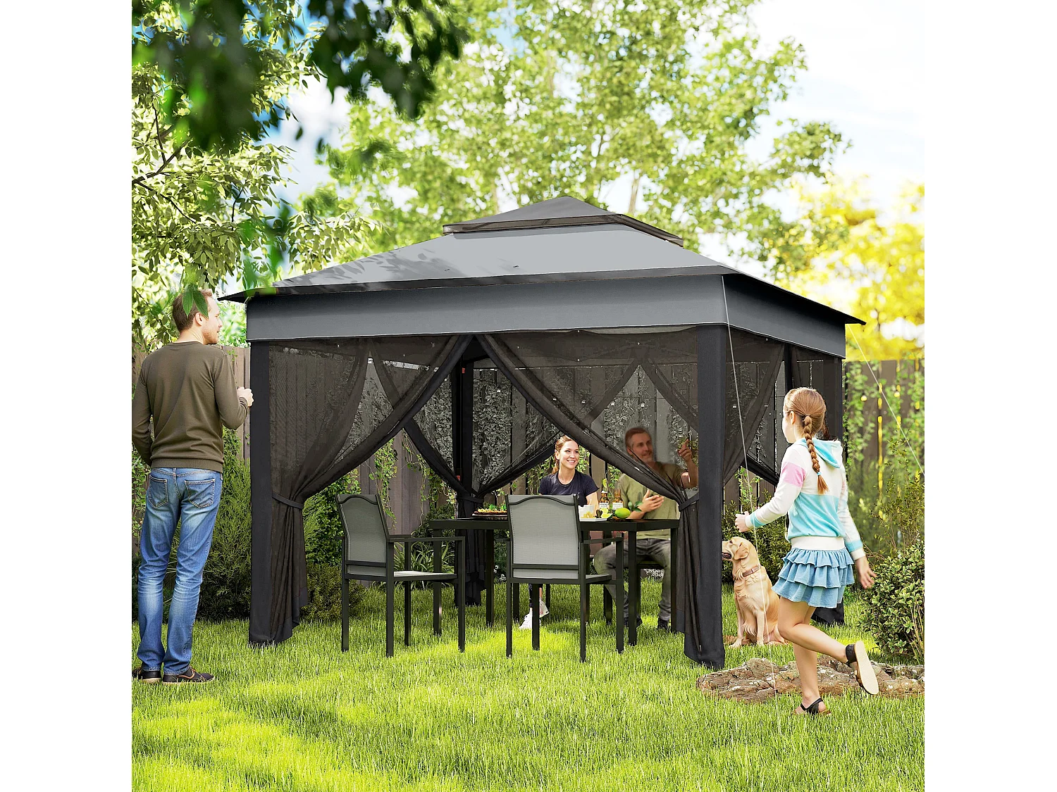 Gazebo con zanzariere regolabile su 3 livelli grigio chiaro e scuro