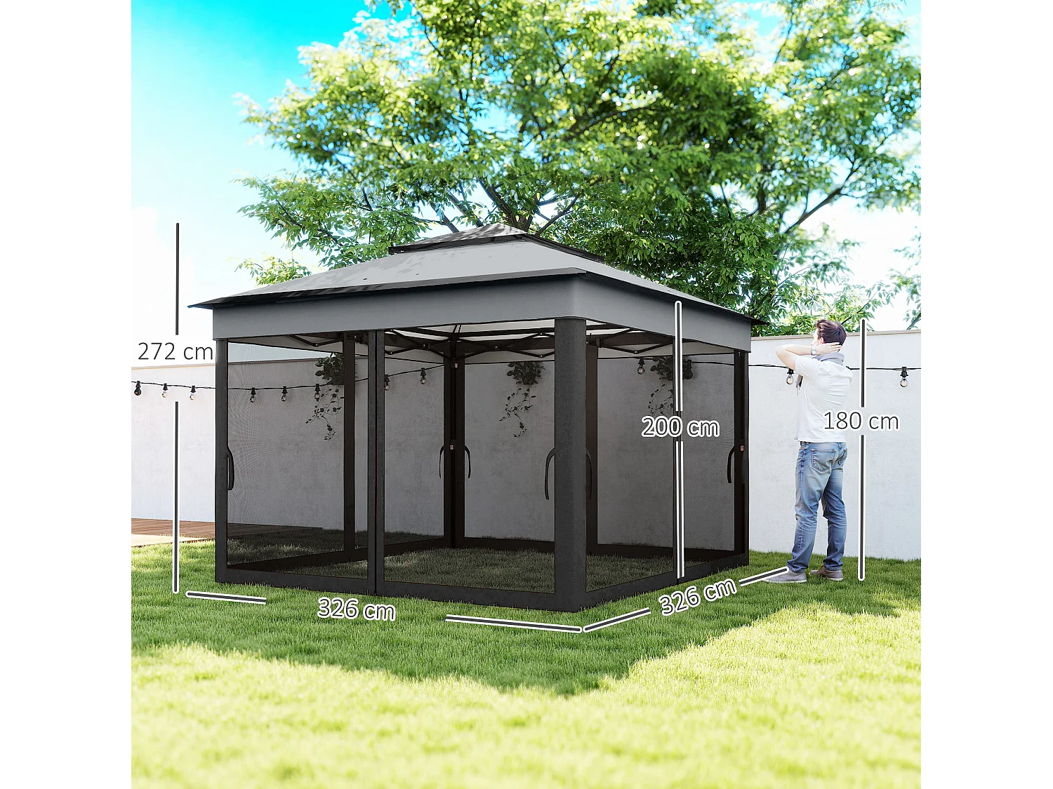 Gazebo con zanzariere regolabile su 3 livelli grigio chiaro e scuro