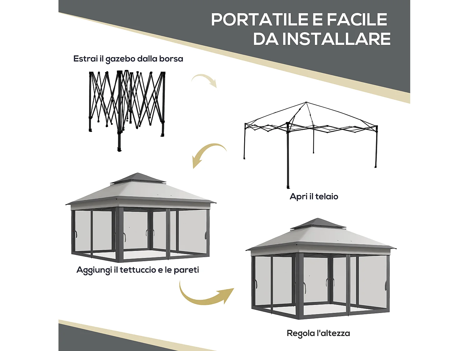 Gazebo con zanzariere regolabile su 3 livelli grigio chiaro e scuro